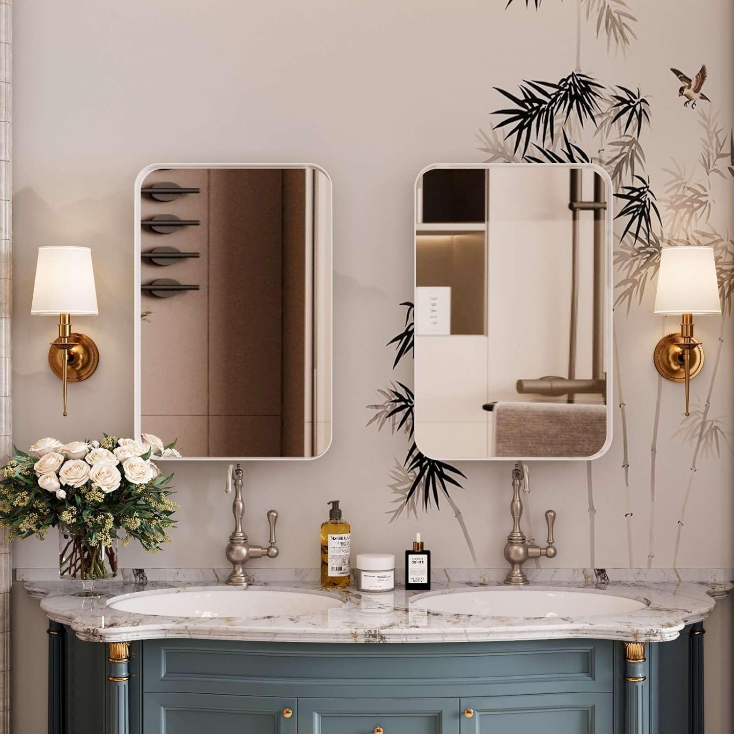 16 x 24 Inch Rounded Rectangle Medicine Cabinet with Mirror and Black Metal Frame for Bathroom, Recessed or Surface Wall Mount Cabinet with 2 Adjustable Glass Shelves, White