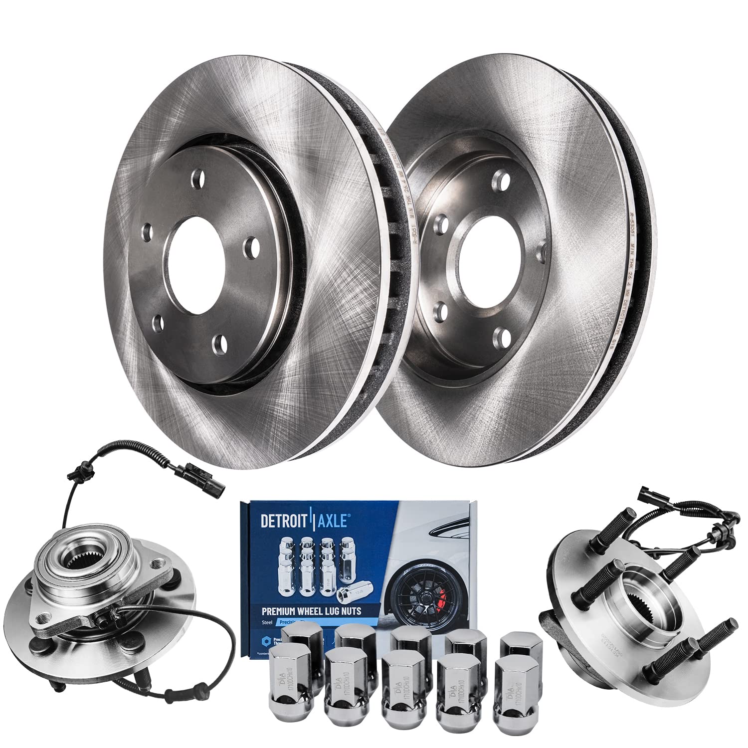 Detroit Axle - Front Disc Brake Rotors Wheel Hub Bearings + 10pc Wheel Lug