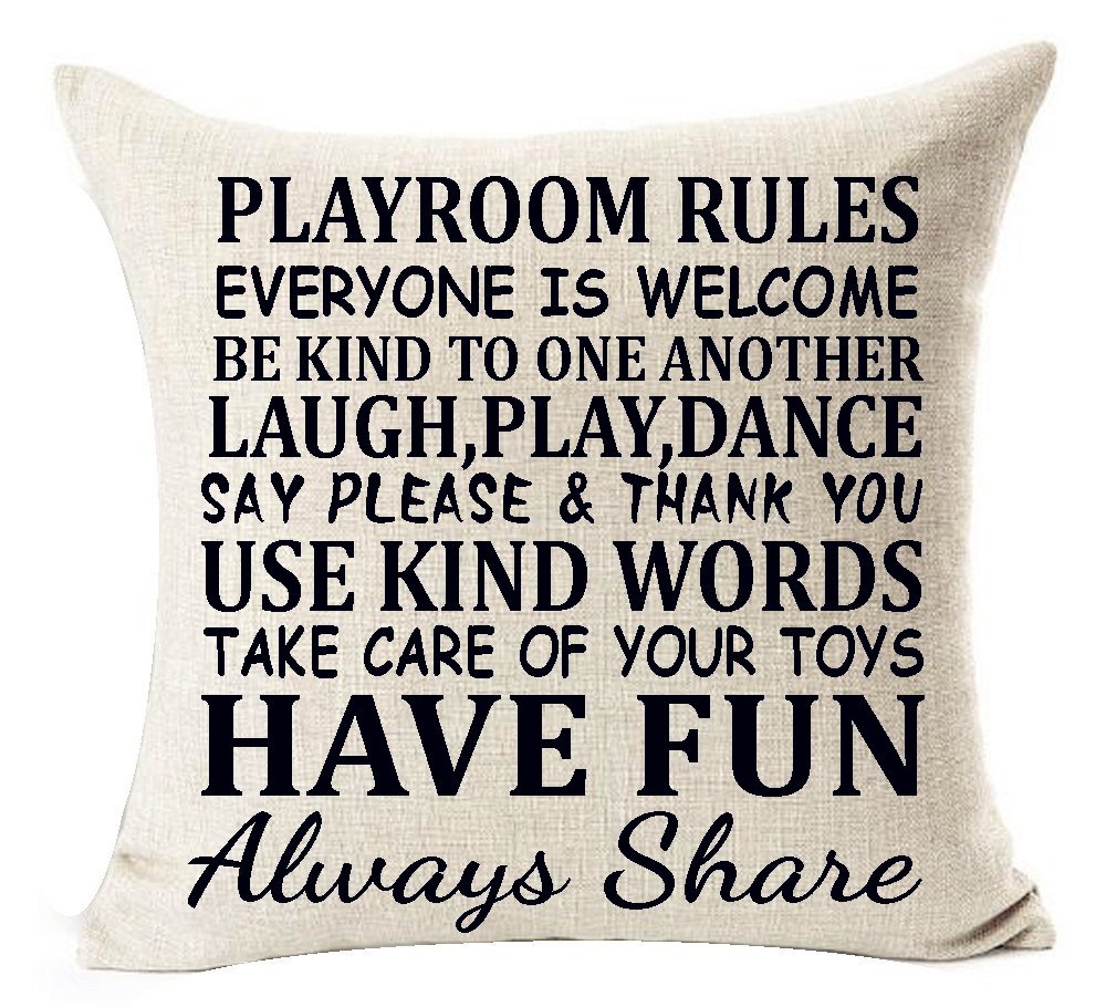 Acelive18x 18 Inches Sweet Funny Sayings Playroom Rules Everyone Is Welcome Laugh Play Dance Have Fun Always Share Cotton Linen Throw Pillowcase Personalized New Home Office Indoor Decorative Square