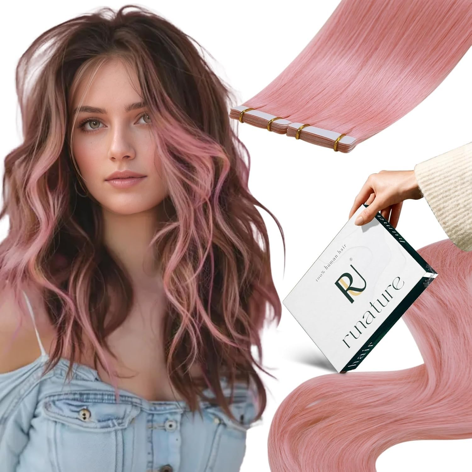 RUNATURE Blonde Tape Hair Extensions Real Human Hair Tape in Hair Extensions Human Hair Invisible Tapes Remy Straight White Blonde Hair 20pcs 50g 18 Inch #800 — view 12