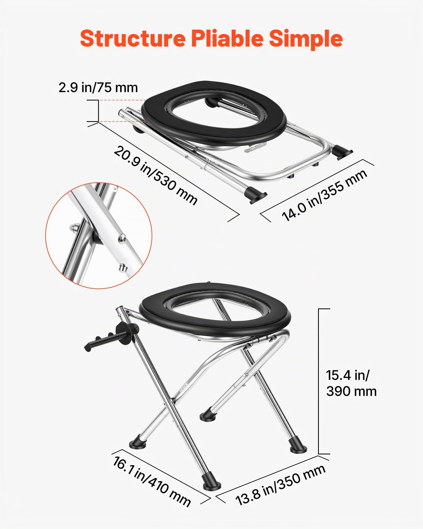 VEVOR Toilette de Camping Pliable, Toilette Portable avec Capacité de Charge de 160 kg, pour Domicile Camping-car Caravane Bateau Randonnée Extérieur, WC de Voyage Chaise en Acier Inoxydable