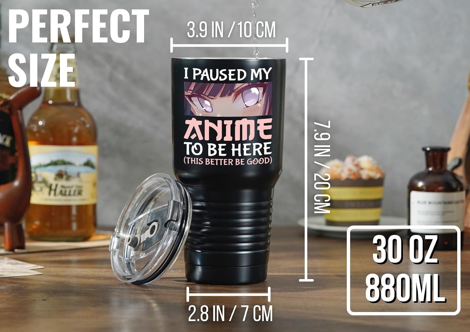 Onebttl Anime Gifts For Men, Women, Boys - 30oz Double Wall Vacuum Insulated Stainless Steel Tumblers Cups - Birthday Kawaii Gifts for Anime Lovers - Paused Black