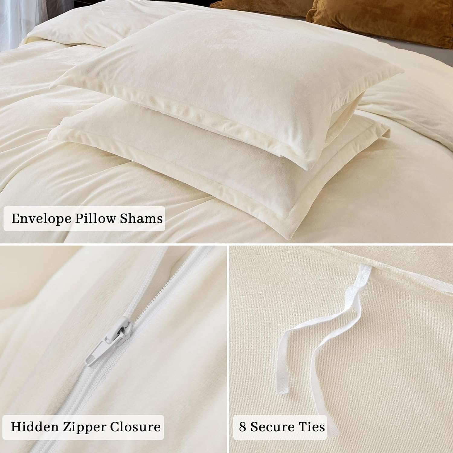 PHF Super Soft Velvet Duvet Cover Queen Size, 3pcs Luxurious Warm Velour Fluffy Bedding Set with 8 Ties, Cozy Breathable Flannel Comforter Cover with Pillow Shams, Zipper Closure, 90"x90", Cream - Image 4