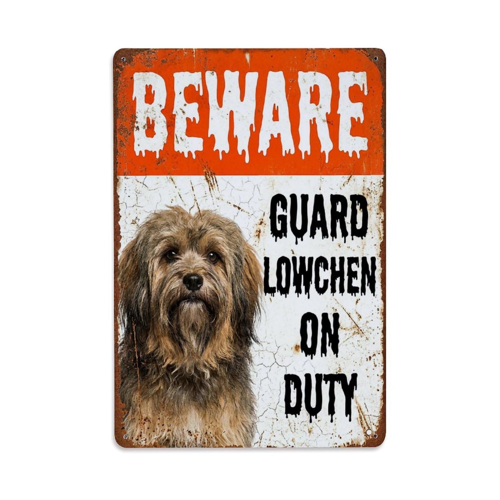 Vintage Funny Lowchen Guard Beware of Dog Doorway Metal Tin Sign Plaque Wall Decor for Cafe, Club Bar, Office, Garden Metal Poster 8x12Inch