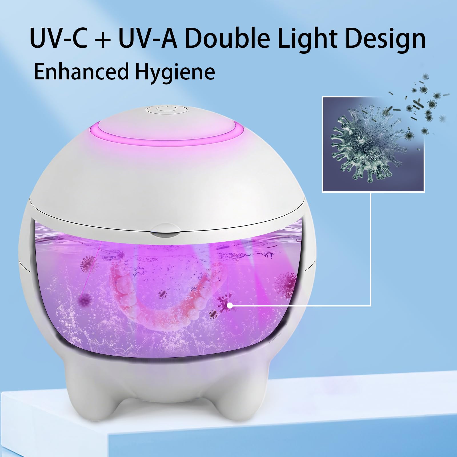 Máquina limpiadora ultrasónica de retención de 45 kHz, limpiador ultrasónico de prótesis con UVA + UVC para alineador, protector nocturno, protector bucal, etc. Cuidado dental bucal, (blanco)
