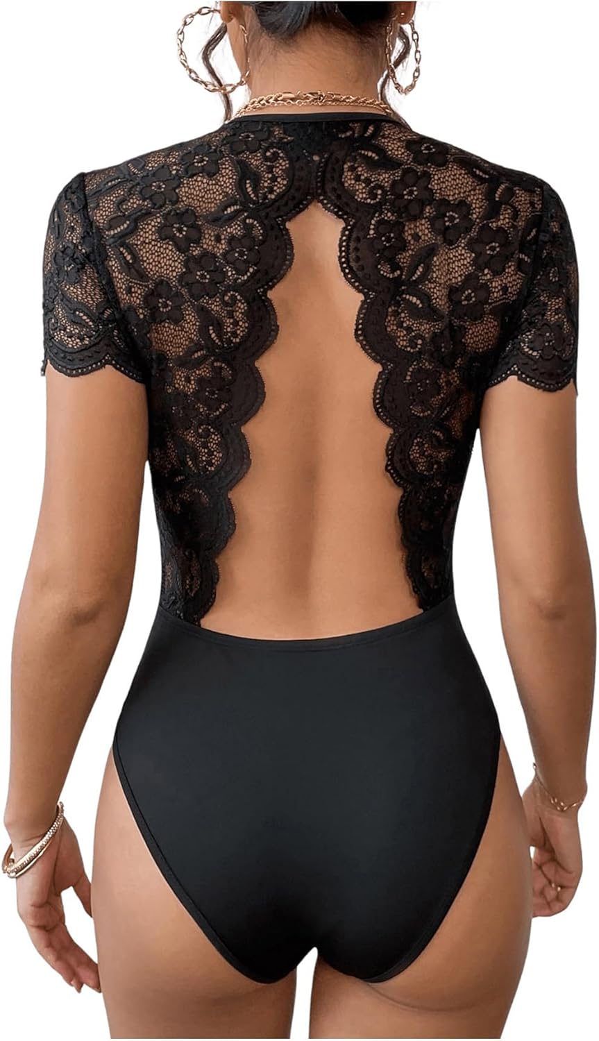 Verdusa Women's Lace Short Sleeve Bodysuit Backless Bodysuits Tummy Control Night Out Concent Outfits - Image 3