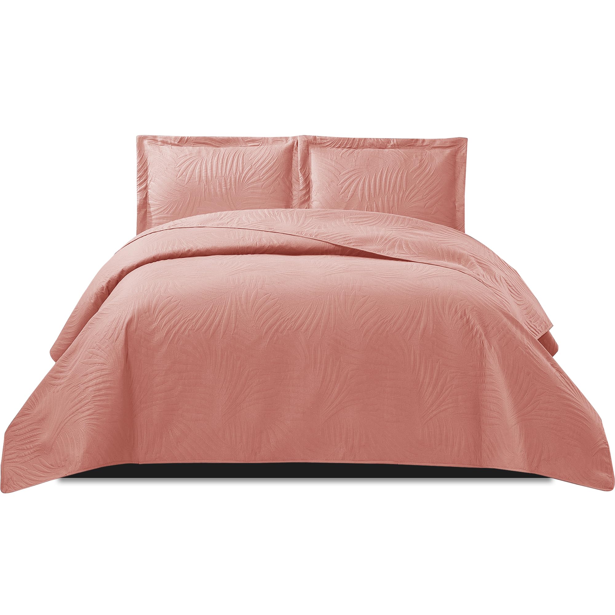Bedspread Bed Throws for Bedroom Decor - Decorative Embossed Tropical Leaf Pattern Quilted Fabric Reversible Quilt Bedspreads Coverlets with Pillow Case (King, Pink)