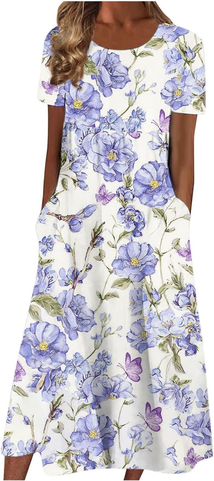 FlekmanArt Dresses for Women 2024 Round Neck Pocket Long Dresses Pleated Printed Dresses Short Sleeve Casual Beach Dress