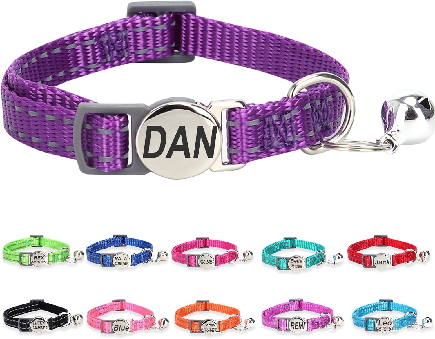 Engraved Personalized Cat Collar,Breakaway Safety Release Buckle,Reflective Collars with ID Name Tag,Adjustable Collar with Bell for Puppy Kitten Cat,Deep Purple(7.5''-12.0'')