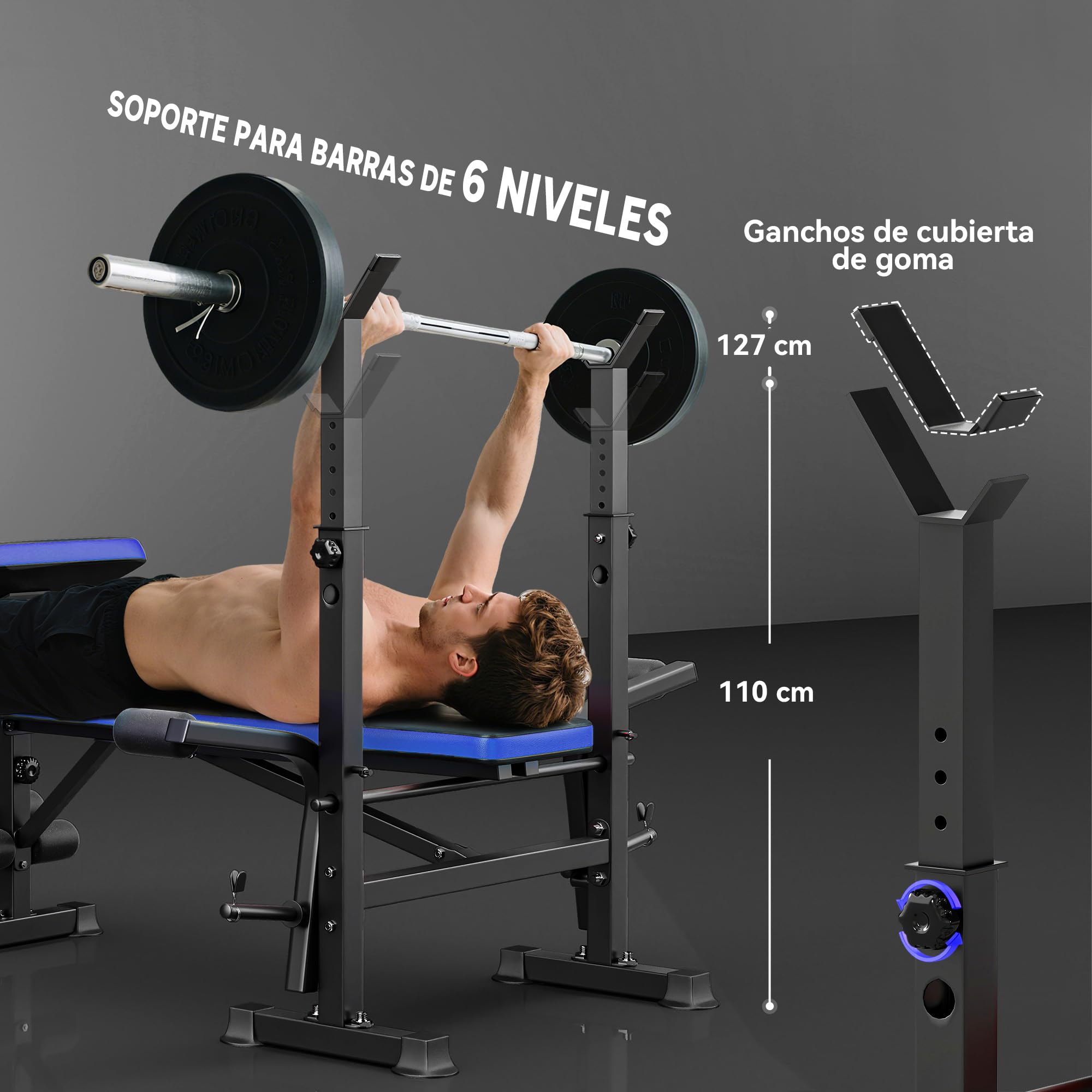 HOMCOM Banco de Musculación Multifuncional, Banco de Pesas con Respaldo Ajustable, Soporte para Barras Regulable, Extensión de Piernas, Curl de Predicador, Mariposa, Entrenamiento Casa Gimnasio, Azul
