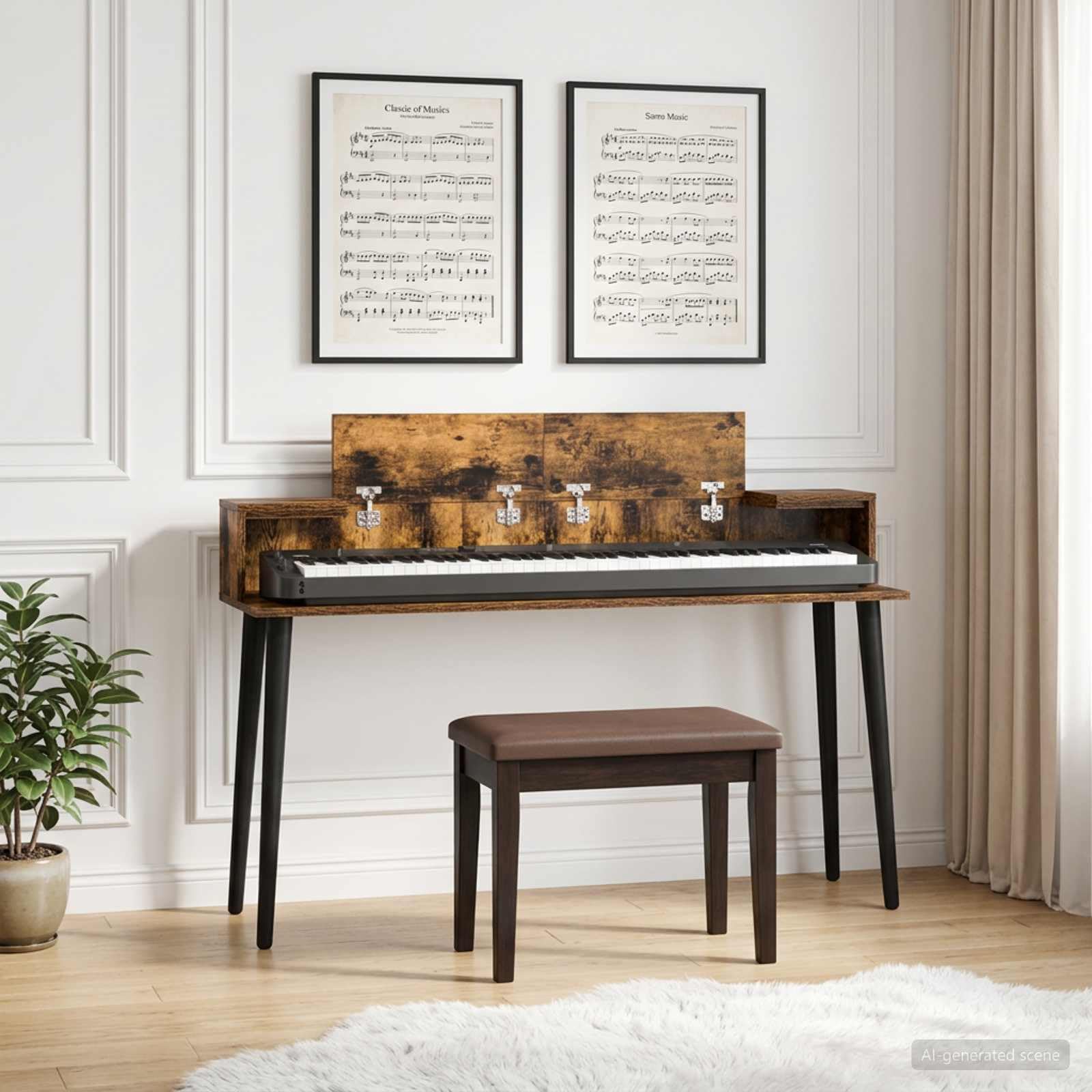 Studiotisch 110 x 36 x 19,5 cm, Tastaturtisch aus Holzwerkstoff in Raucheiche, Ergonomische Ablage für Musikzubehör