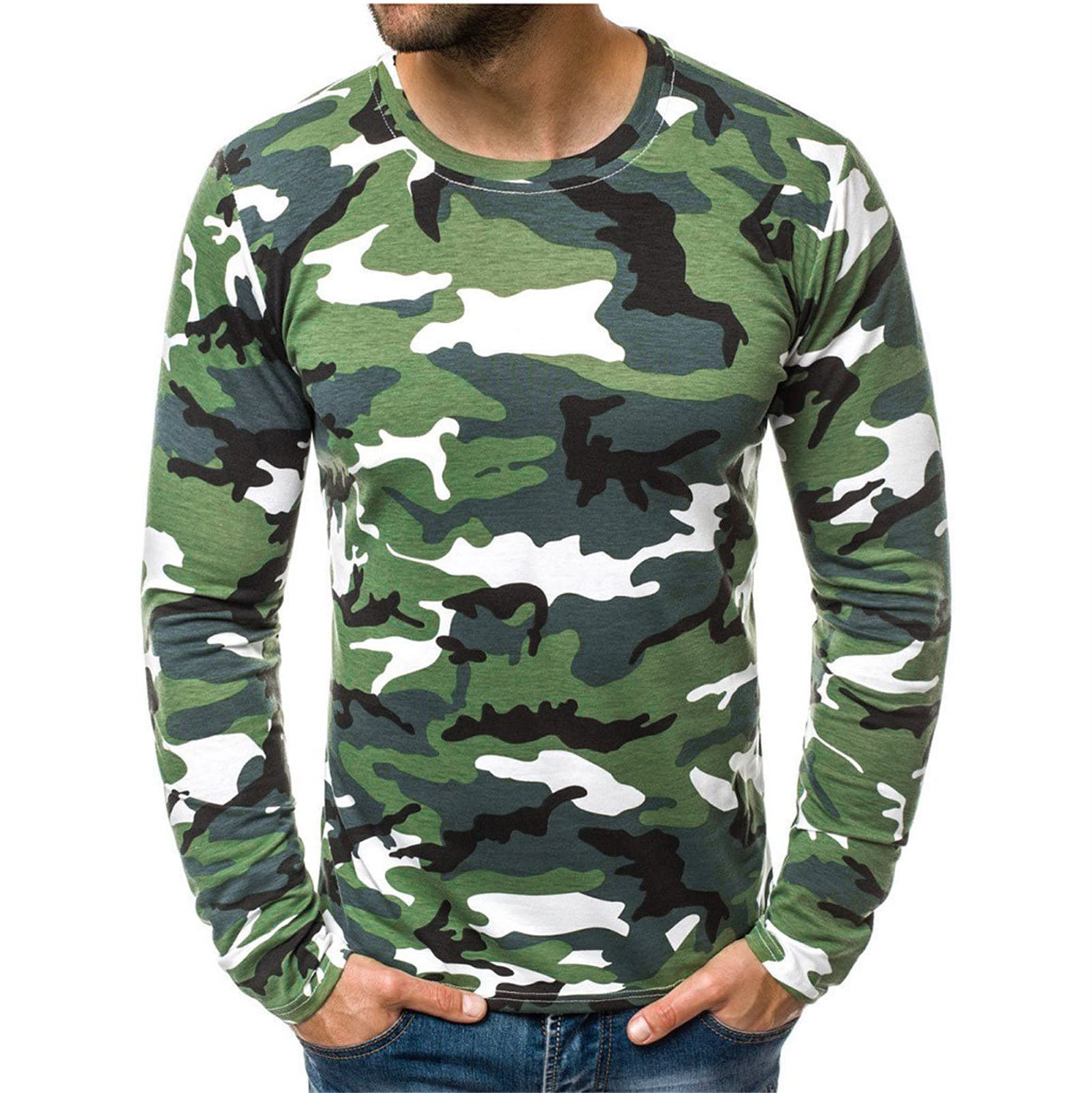 Men's Comfort Camouflage Long Sleeve T-Shirt Fashion Casual Slim Fit Basic Henley Round Neck Workout Stretch Tees (Large,Green)