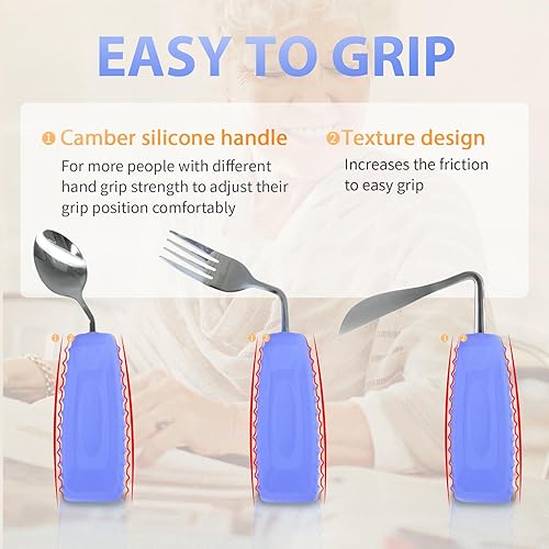 Miniatura 6 de Utensilios adaptables Cuchara y tenedor en ángulo para temblores de manos, Parkinson, utensilios pesados con asas antideslizantes de fácil agarre