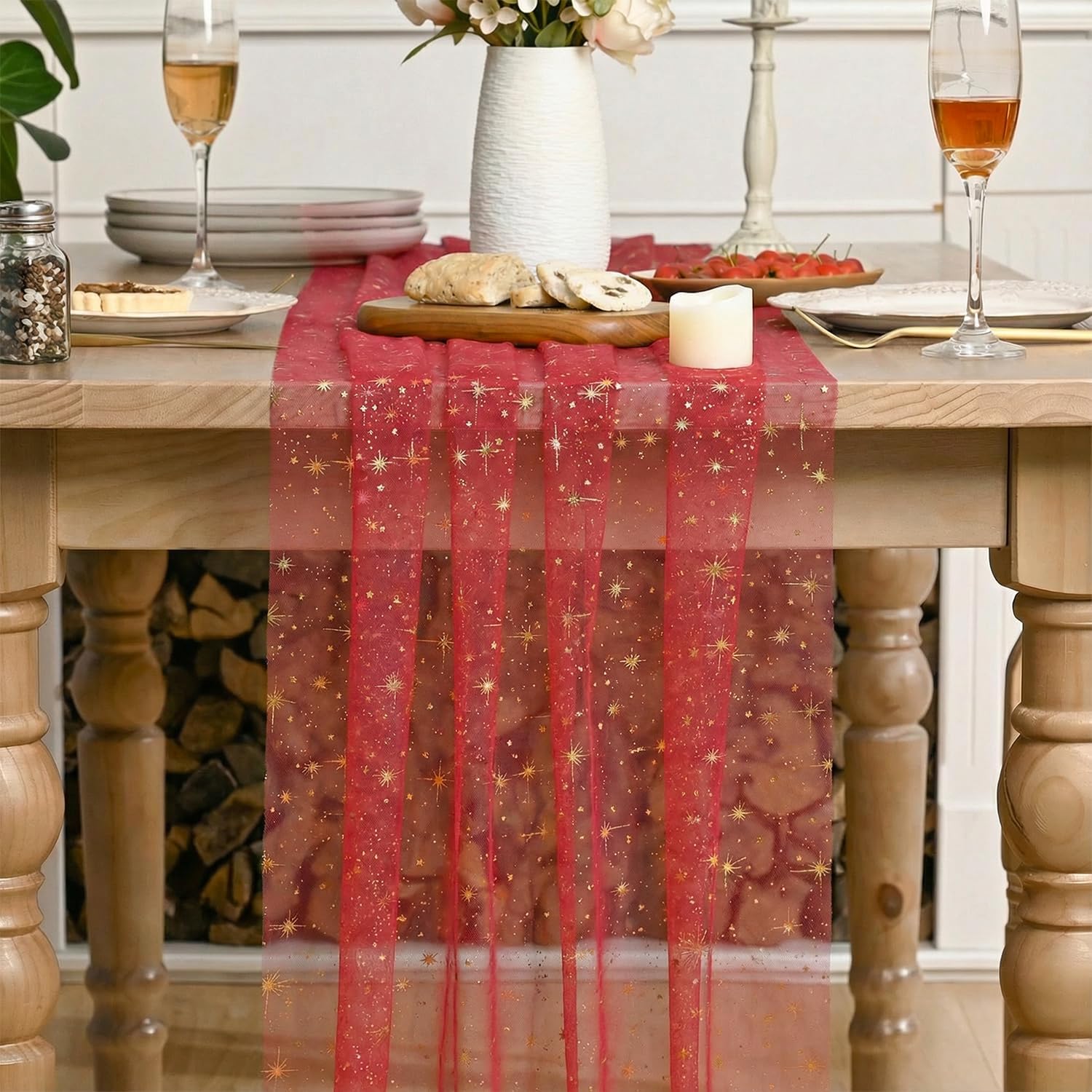 Artoid Mode Gold Stars Red Gauze Table Runner 120 Inch 10FT, Reversible Glitter Sheer Dining Wedding Holiday Birthday Table Decor for Home Party