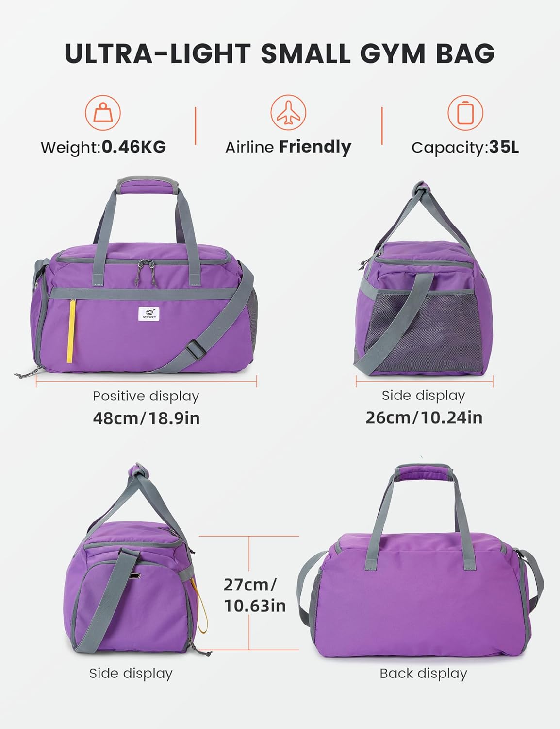 SKYSPER Gym Bag for Men & Women with Shoe Compartment, Carry-on Gym Duffle Bag for Travel and Sports, Workout Overnight Bag with Large Wet Pocket, Purple - Image 2