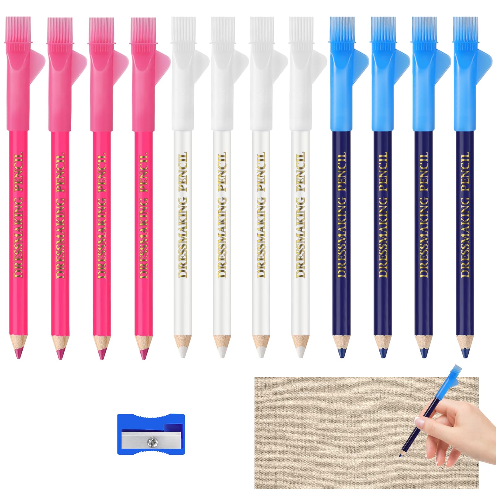 ABOHU 12 Pcs Fabric Markers for Sewing, Water Soluble Sewing Fabric Pencils with Tip Caps, Tailors Chalk Pencil Sewing Marking Tools for Dressmaking Quilting Embroidery DIY Crafts (Blue, White, Pink)