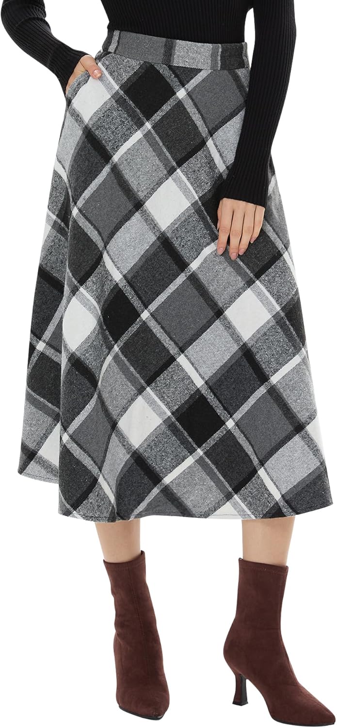 Xaatren Women's Long Plaid Skirt, High Elastic Waist Fall Winter A Line Pockets Flared Pleated Vintage Maxi Wool Zipper Skirt