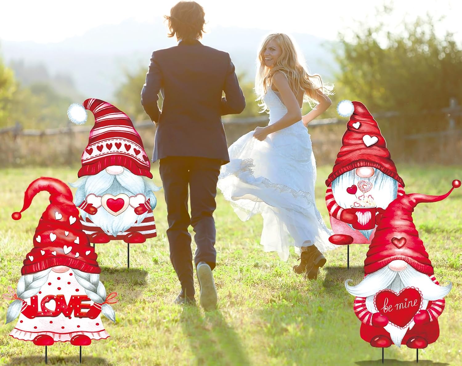 Yaocom 4 Pcs Metal Valentine's Day Gnome Yard Sign with Stakes Love Heart Gnome Outdoor Decorations Valentine Yard Signs Lovestake for Outdoor Lawn Garden Wedding Decor