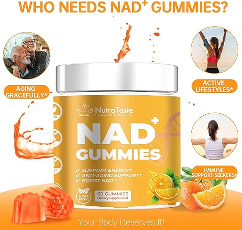 Miniatura 7 de NAD+ - Suplemento de gomitas para antienvejecimiento, energía y refuerzo de concentración, resveratrol, ribósido de nicotinamida, sabor a naranja,