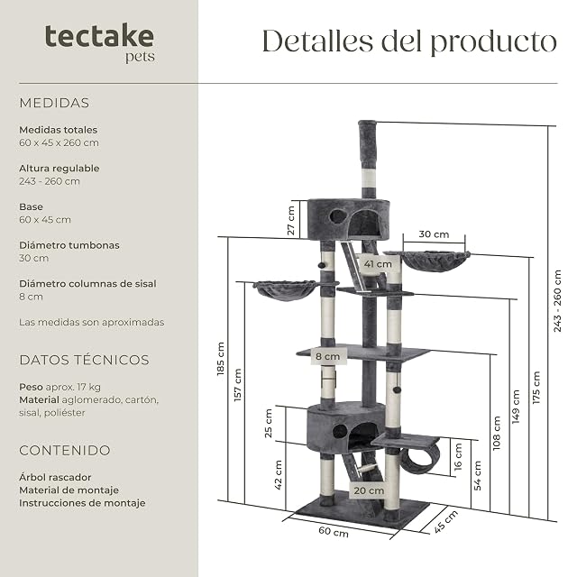Foto 6 de 8 de tectake® Árbol para Gatos Rascador, 2 Casetas, Varias Alturas, 3 Plataformas, Protección Antivuelco, Cama…