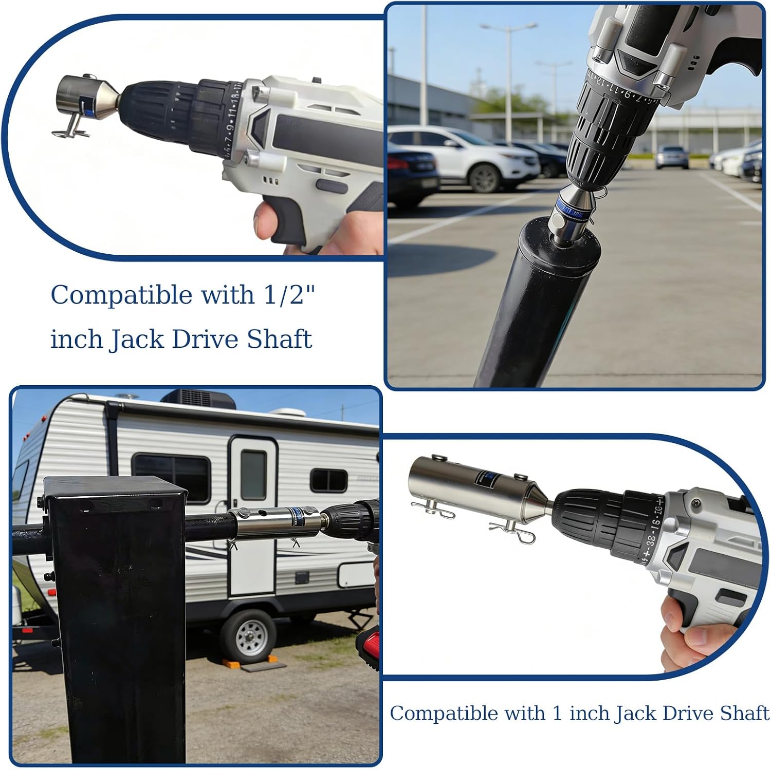 2 in 1 Trailer Jack Drill Adapter for 1 inch & 1/2 inch Jack Drive Shaft- Stainless Steel, with 1/2 Inch Socket Adapter Fits Cordless Drills for Top Wind Jacks