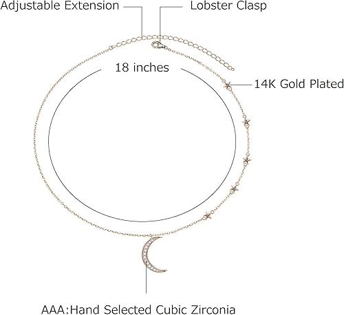 Miniatura 3 de Savlano Collar de cadena con colgante de circonita cúbica chapada en oro de 14 quilates con diseño de luna y estrellas de 18 pulgadas para mujer