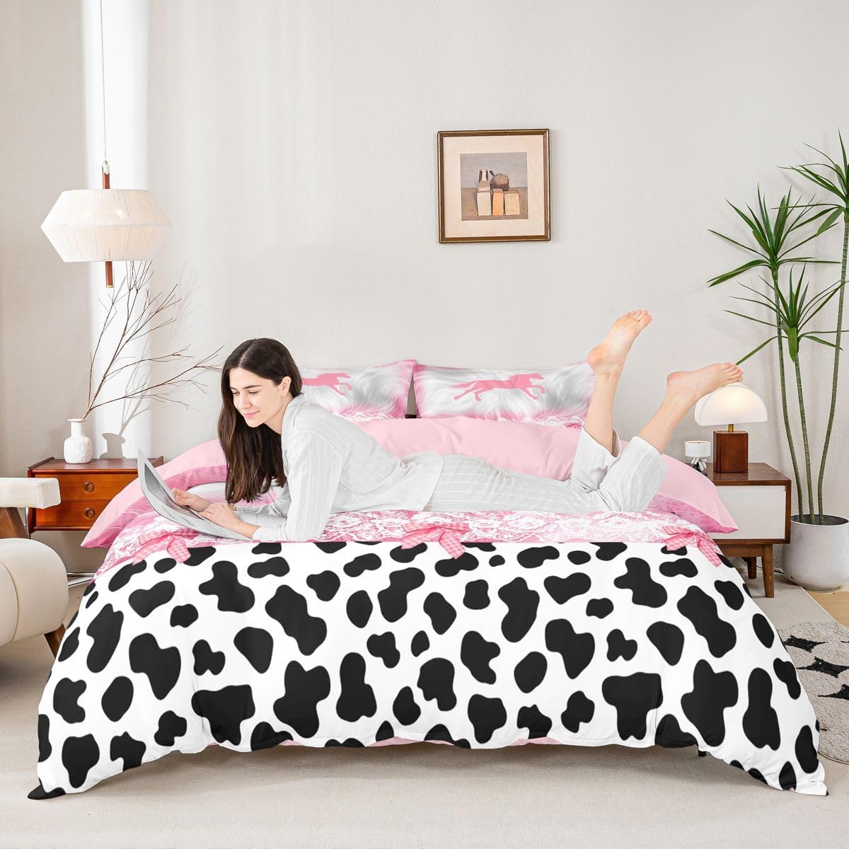 Feelyou Pink Cow Girl Bedding Set Western Horse Decor Comforter Cover Set for Kids Teens Pink and White Cow Fur Duvet Cover Cowhide Pink White Bedspread Cover Room Decor Bedroom Bedclothes Full Size