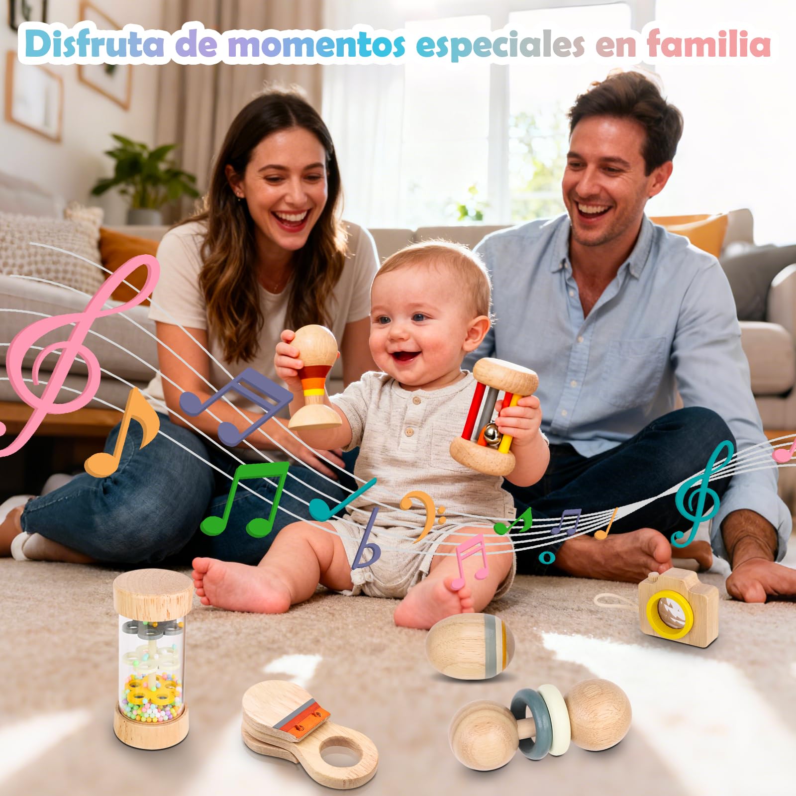 Sonajeros Bebé Montessori de Madera 7 Piezas – Juguetes Sensoriales 0+ con Palo de Lluvia y Sonajeros Variados – Regalo para Recién Nacidos