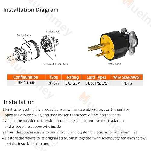 Miniatura 2 de 1 enchufe de repuesto eléctrico para extremo de cable de extensión, NEMA 5-15P, 15A, 125V, 2 polos, 3 alambres, carcasa negra, grado industrial, 3