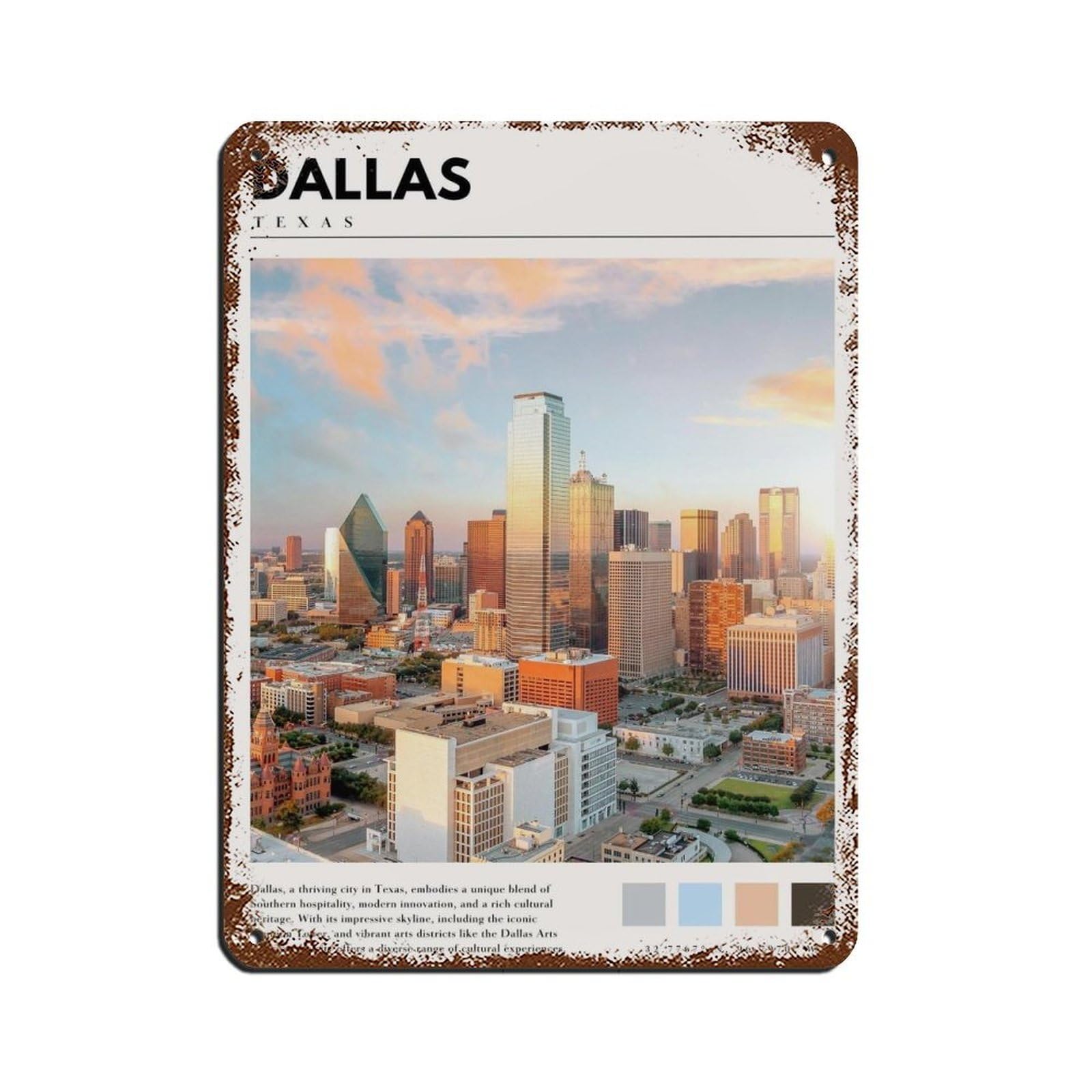 Dallas Downtown City Poster Dallas Texas Art Tin Sign Vintage Metal Pub Club Cafe Bar Home Wall Art Decoration Poster Retro 12x16inch(30x40cm)