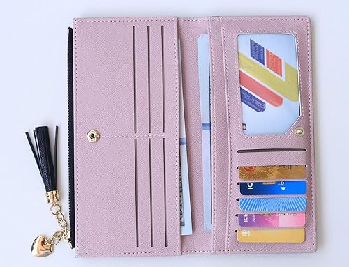 Miniatura 4 de Cartera larga para mujer con borla - Funda plegable de piel sintética delgada para tarjetas de crédito con bolsillo con cremallera, Negro -, Cartera