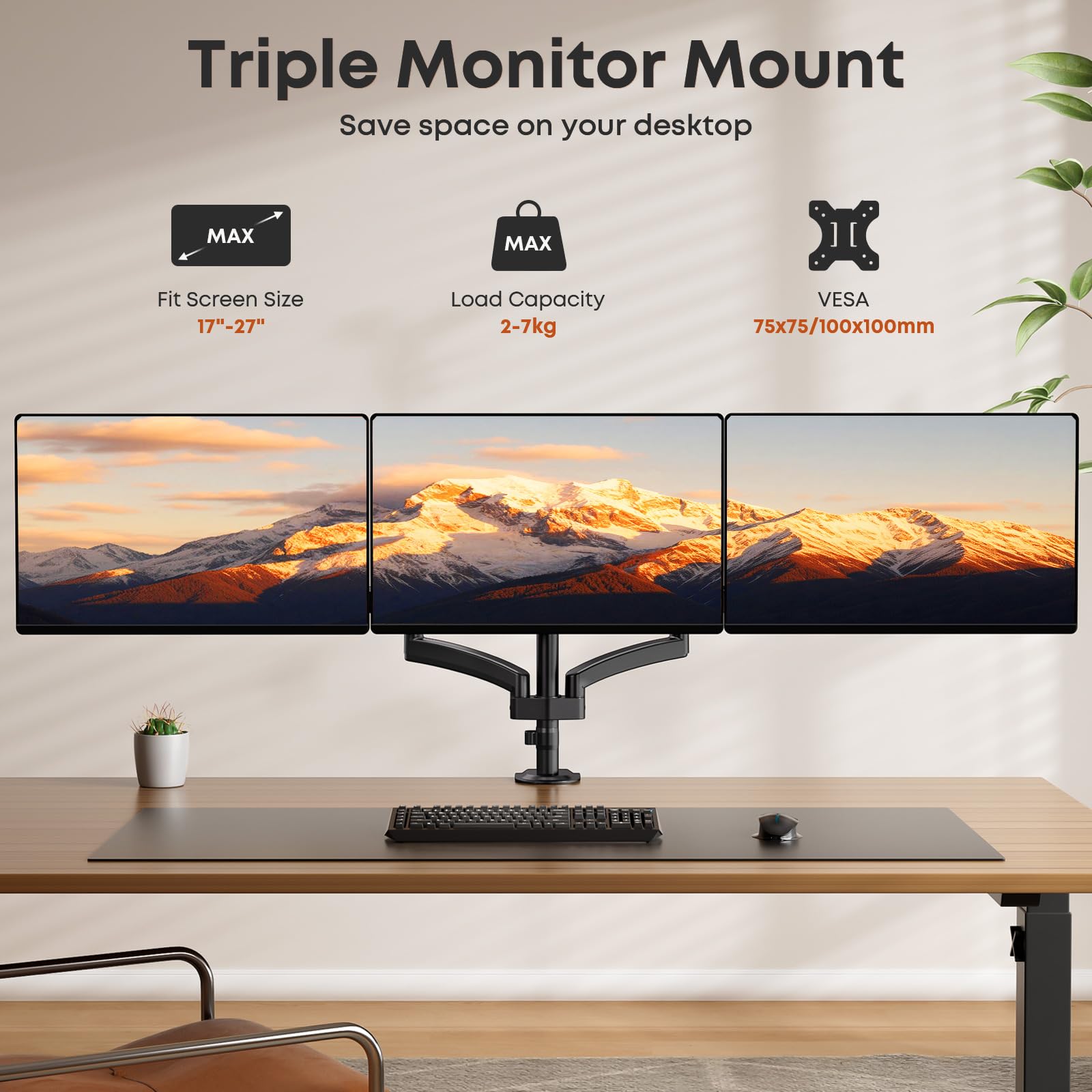 PUTORSEN Supporto 3 Monitor per PC, Premium Alluminio Braccio articolato Ergonomico Molla Gas per Triplo Schermi 17-27", Altezza Regolabile Inclinazione Girevole e Fissaggio Scrivania Braccio