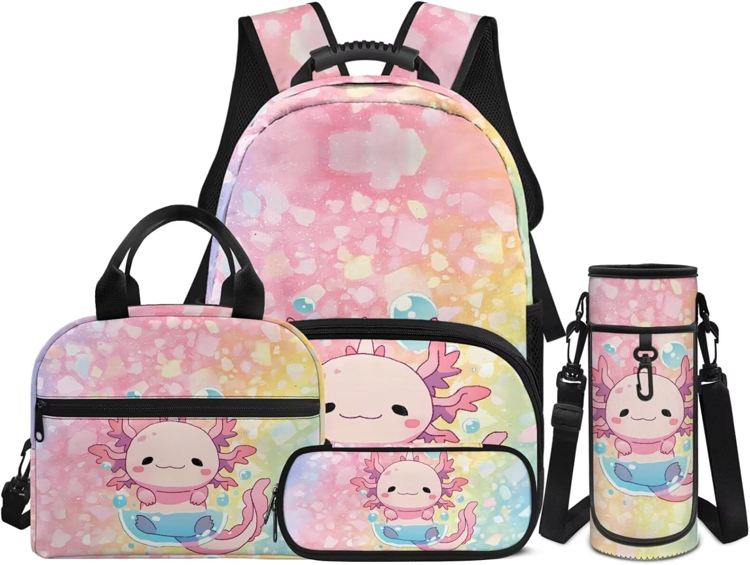 4 in 1 Kids Backpack Bookbag Set Cartoon Axolotl Backpacks School Bookbag with Lunch Box Bag and Pencil Bag Water Bottle Carrier Bag Set for Kids Teen Girls