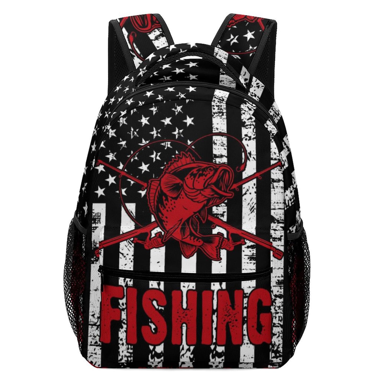 KAFFUL Bass Fishing with American Flag Backpack for Boys Men, Vintage Bass Fish Bookbag, Water Resistant Children Casual Daypack Travel Laptop
