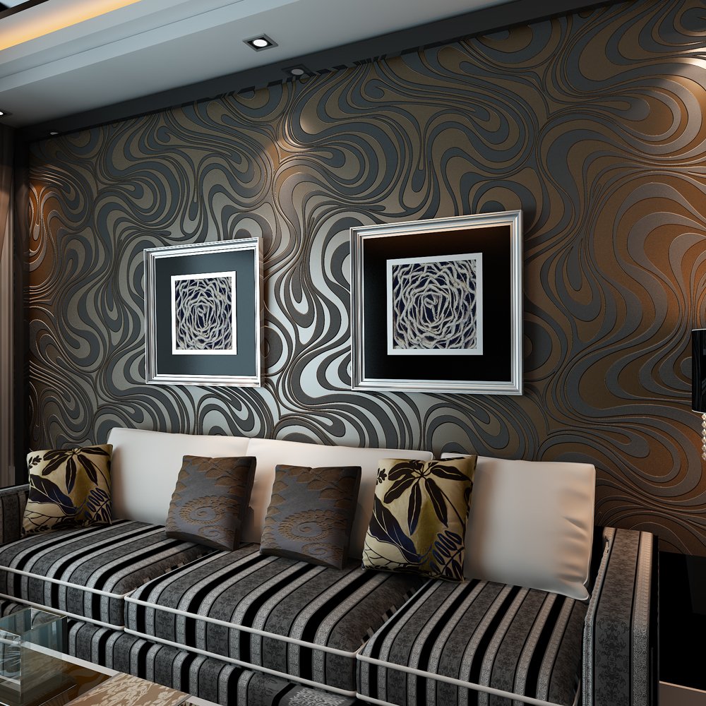 Modern Abstract 3D Curve Non-Woven Flocking Striped for Wallpaper Roll 0.7m(2.29' W) x 8.4m(27.56' L)=5.88㎡(63.11 sq.ft) (Black&Brown)