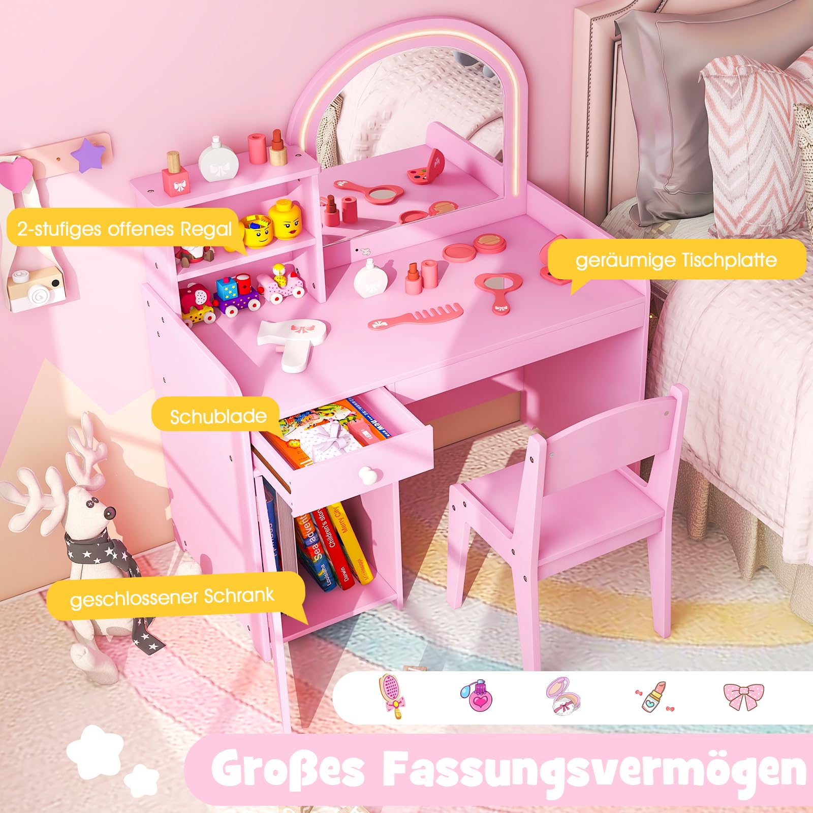 GOPLUS Make-uptafelset voor kinderen, met spiegel, 2-in-1 kaptafel met hazenoorvormige kruk en spiegel, dubbele laden, plank, massief hout, cosmeticaset voor kinderkamer (wit GOPLUS Make-uptafelset voor kinderen, met spiegel, 2-in-1 kaptafel met hazenoorvormige kruk en spiegel, dubbele laden, plank, massief hout, cosmeticaset voor kinderkamer (wit