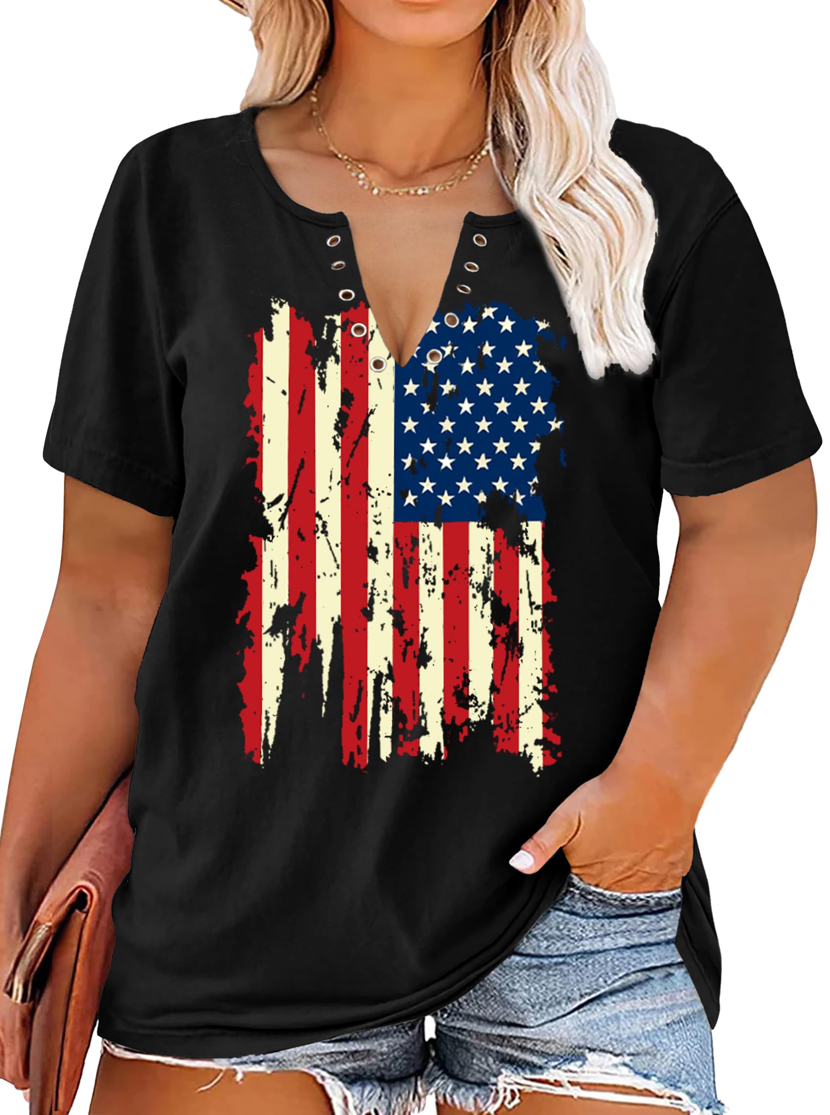 Plus Size Amrican Flag Heart Shirt Women Patriotic Graphic Tees 4th of July Tops USA Star Stripe Tee