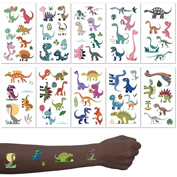 10 Sheets Dinosaur Glow in the Dark Temporary Tattoos for Kids, Cartoon Dino Theme Luminous Water Transfer Tattoos Stickers, Dinosaur Temporary Body Art Stickers for Kids Party Supplies