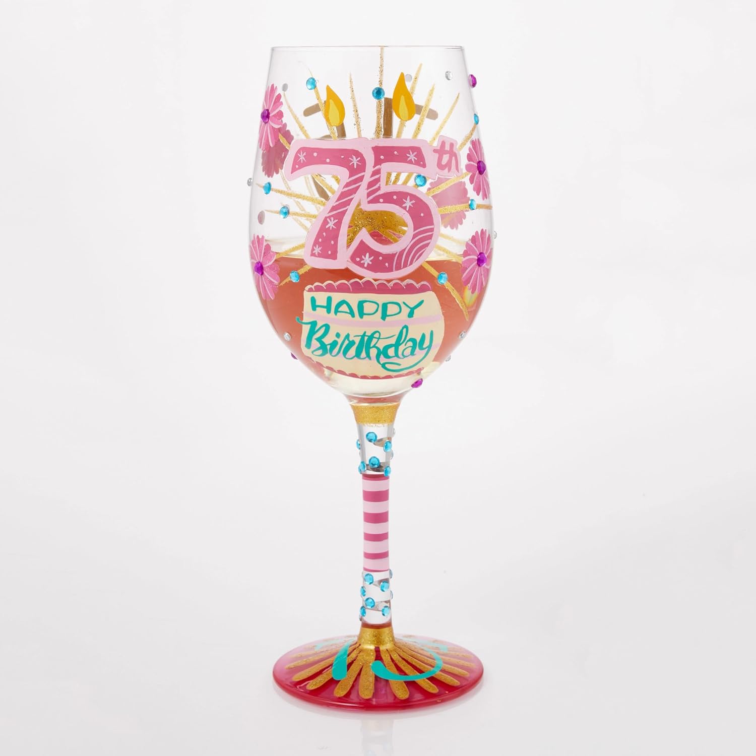 Enesco Lolita Happy 75th Birthday Hand-Painted Artisan Wine Glass, 15 Ounce, Multicolor