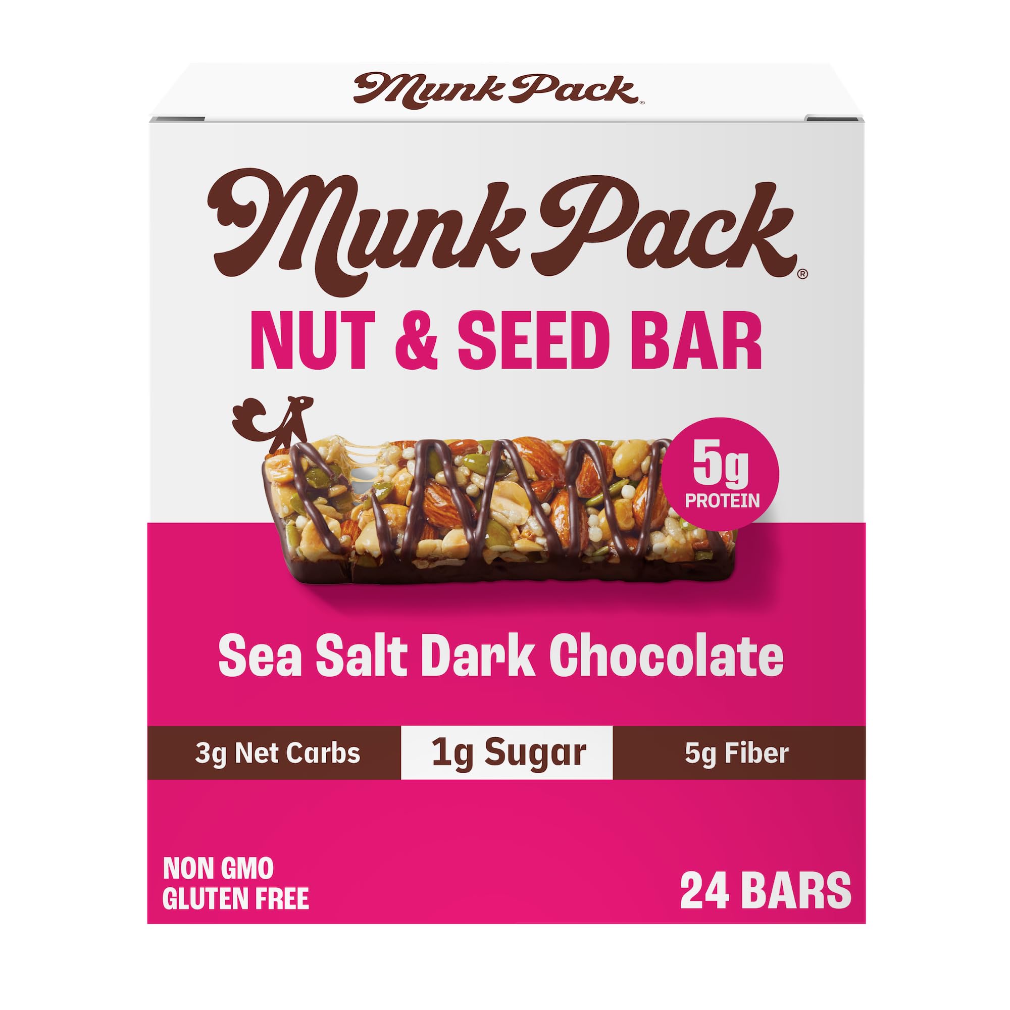- Munk Pack Sea Salt Dark Chocolate Nut & Seed Snack Bars | 5g Protein, 1g Sugar, 3g Net Carbs | Plant-Based, Low Sugar, Non-GMO, Gluten-Free, Snacks | 24 Count (4.92 oz)
