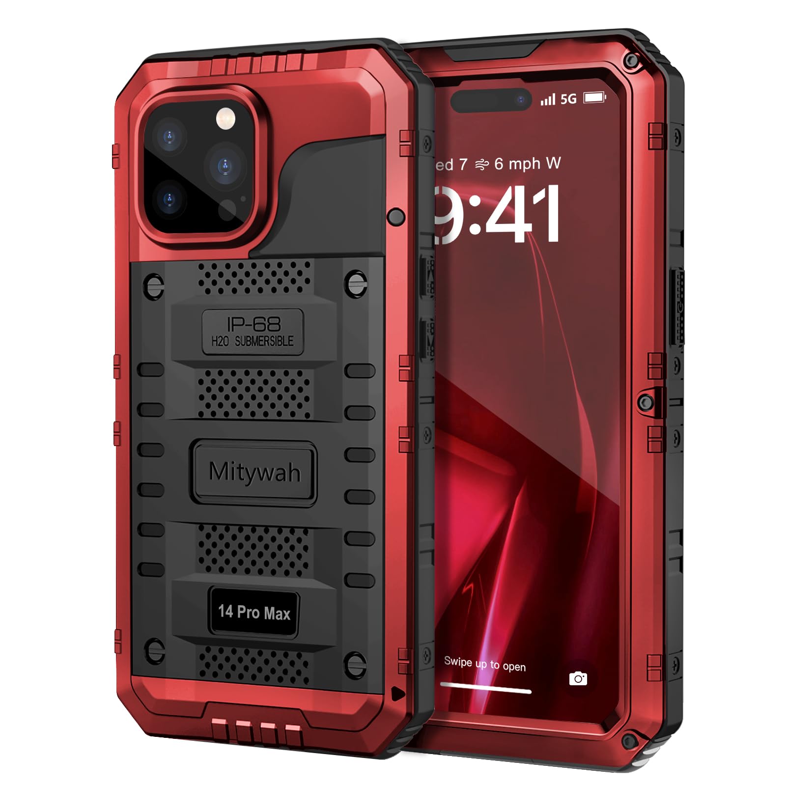 Mitywah Waterproof Case for iPhone 14 Pro Max, Heavy Duty Shockproof Case with Built-in Screen Protector, Full Body Underwater Protective Metal Case
