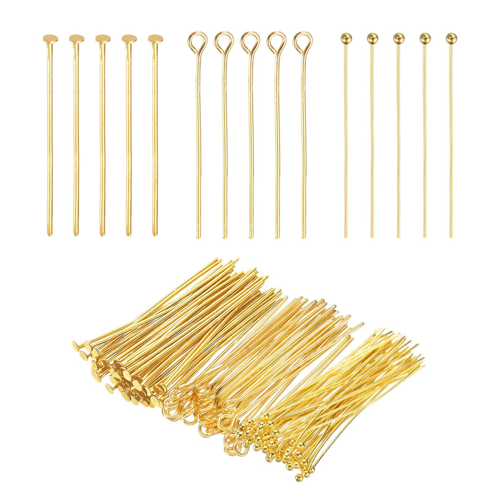 PATIKIL Head Pins Set for Jewelry Making, 600 Pcs 3 Styles 1.38" Flat Head & Ball Head Pins & Eye Pins Findings for DIY Necklaces, Earrings, Bracelets Making Supplies (Gold Tone)