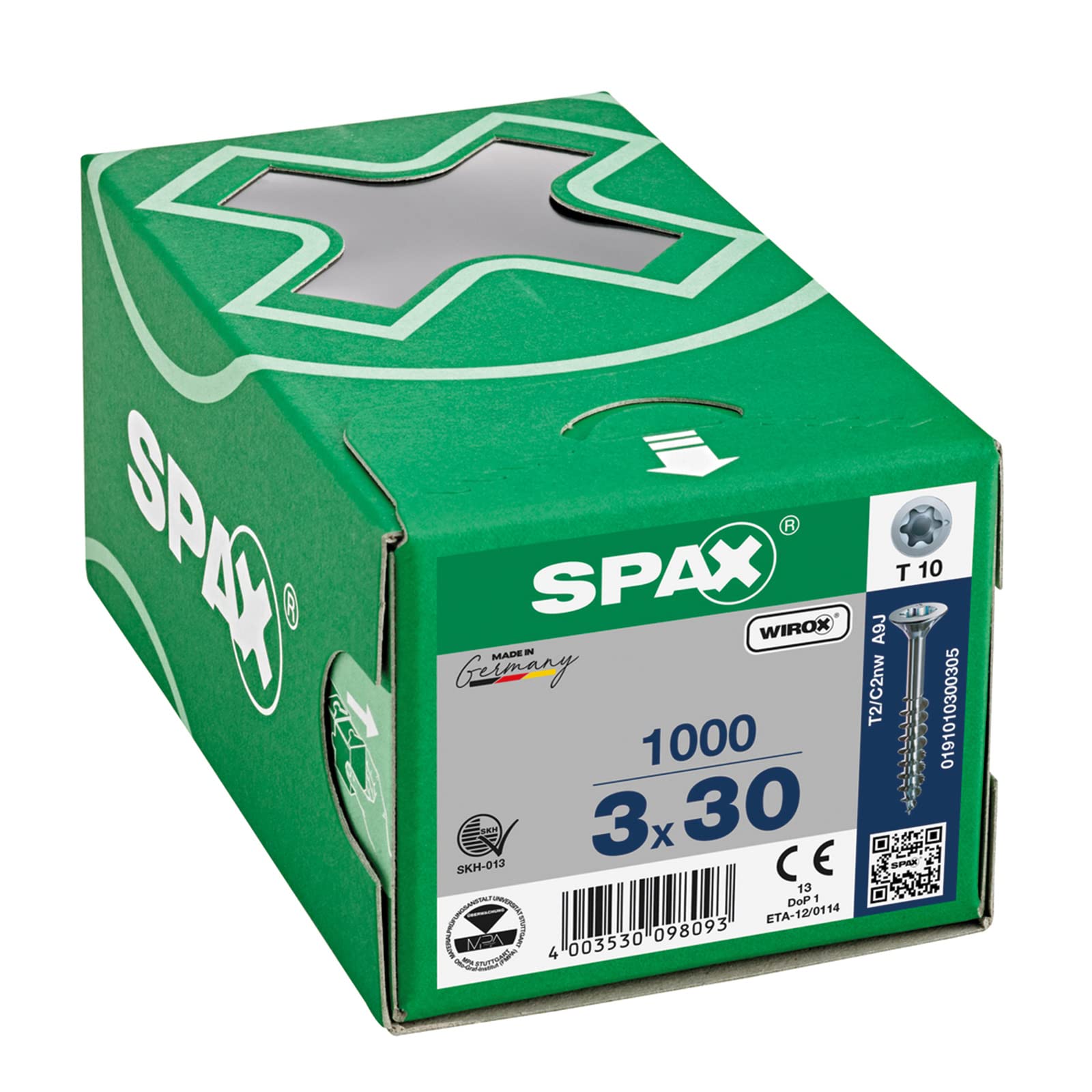SPAX Universalschraube, 3,0 x 30 mm, 1000 Stück, T-STAR plus, Senkkopf, Teilgewinde, 4CUT, WIROX A3J, blank verzinkt, 0191010300305