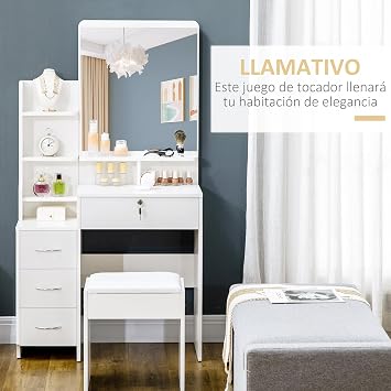 HOMCOM Makeup Vanity with Stool with Mirror 80 x 15 x 143 cm White