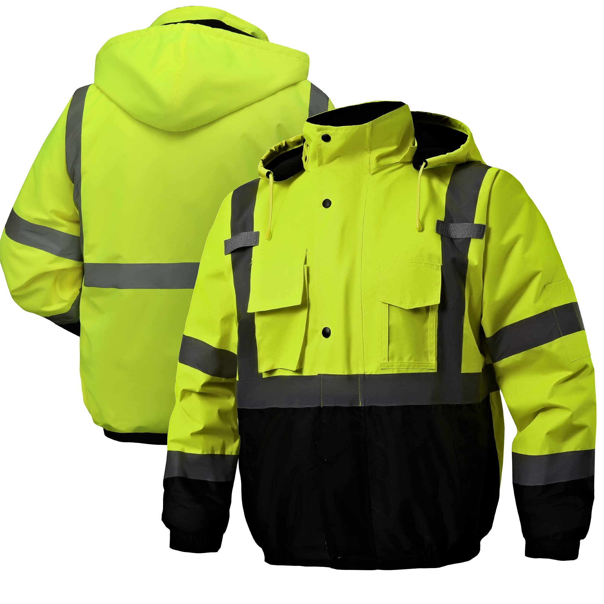 Hilivistec Safety Jacket , High Visibility Reflective Bomber Jackets for Men, Hi-Vis Construction Jacket with Pockets and Zipper, Black Bottom, Class 3, coldwinter, Lime L