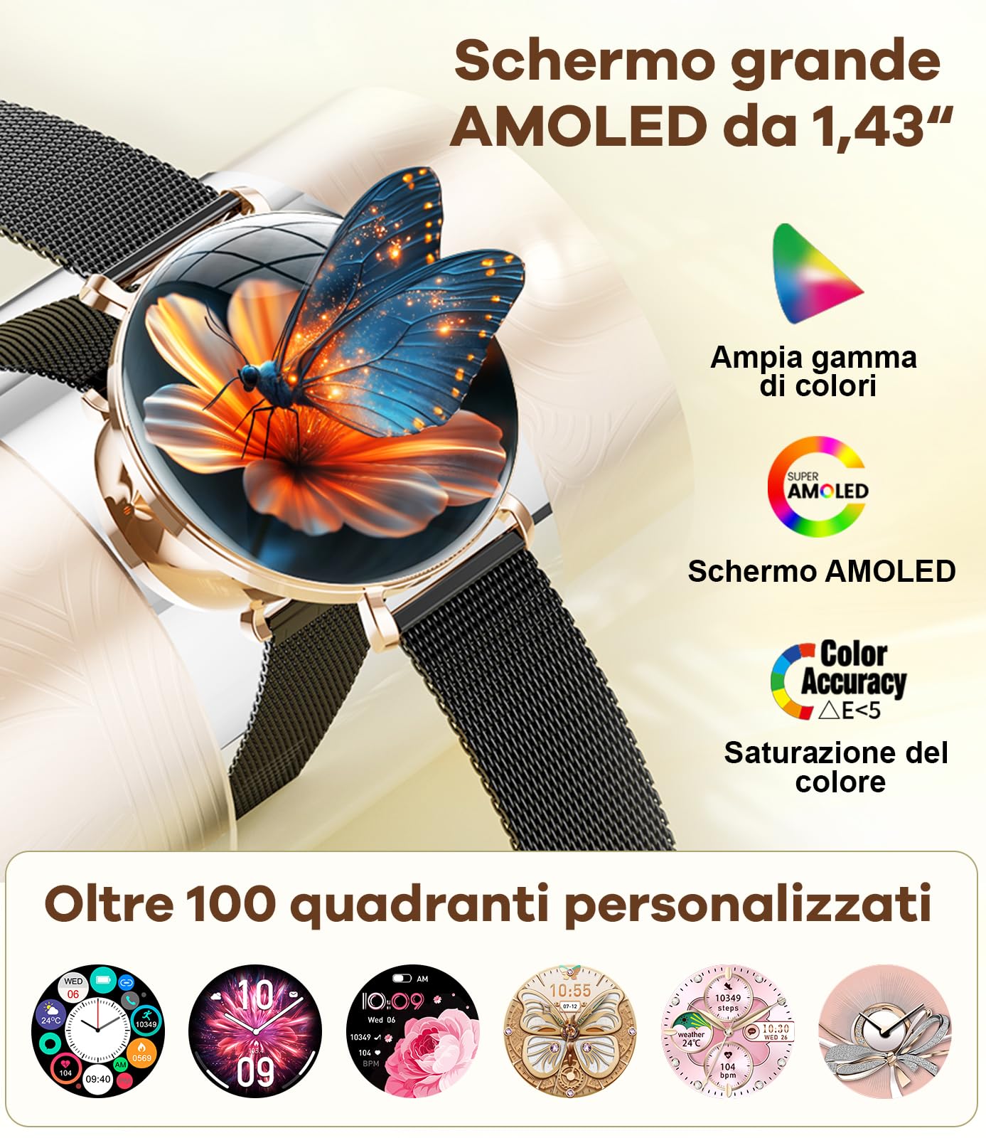 BENYAR SMART Smartwatch Donna con Ultra Sottile 1.43" AMOLED, 110+ Modalità Sportive Orologio Smartwatch con Chiamata Bluetooth/Fisiologia Femminile/IP68 Impermeabile per Android iOS, Nero