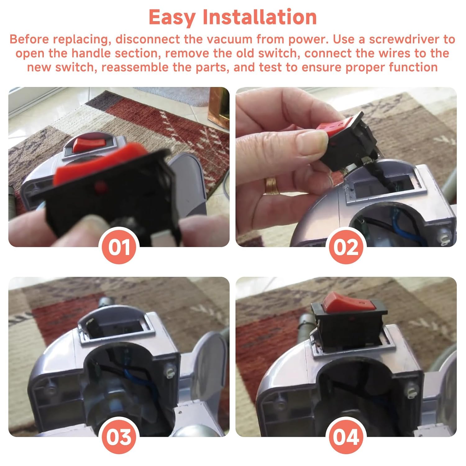 Four-panel image demonstrating the installation process of the vacuum power switch. Panel 1 shows opening the handle, Panel 2 shows removing the old switch, Panel 3 shows connecting wires, and Panel 4 shows reassembling.