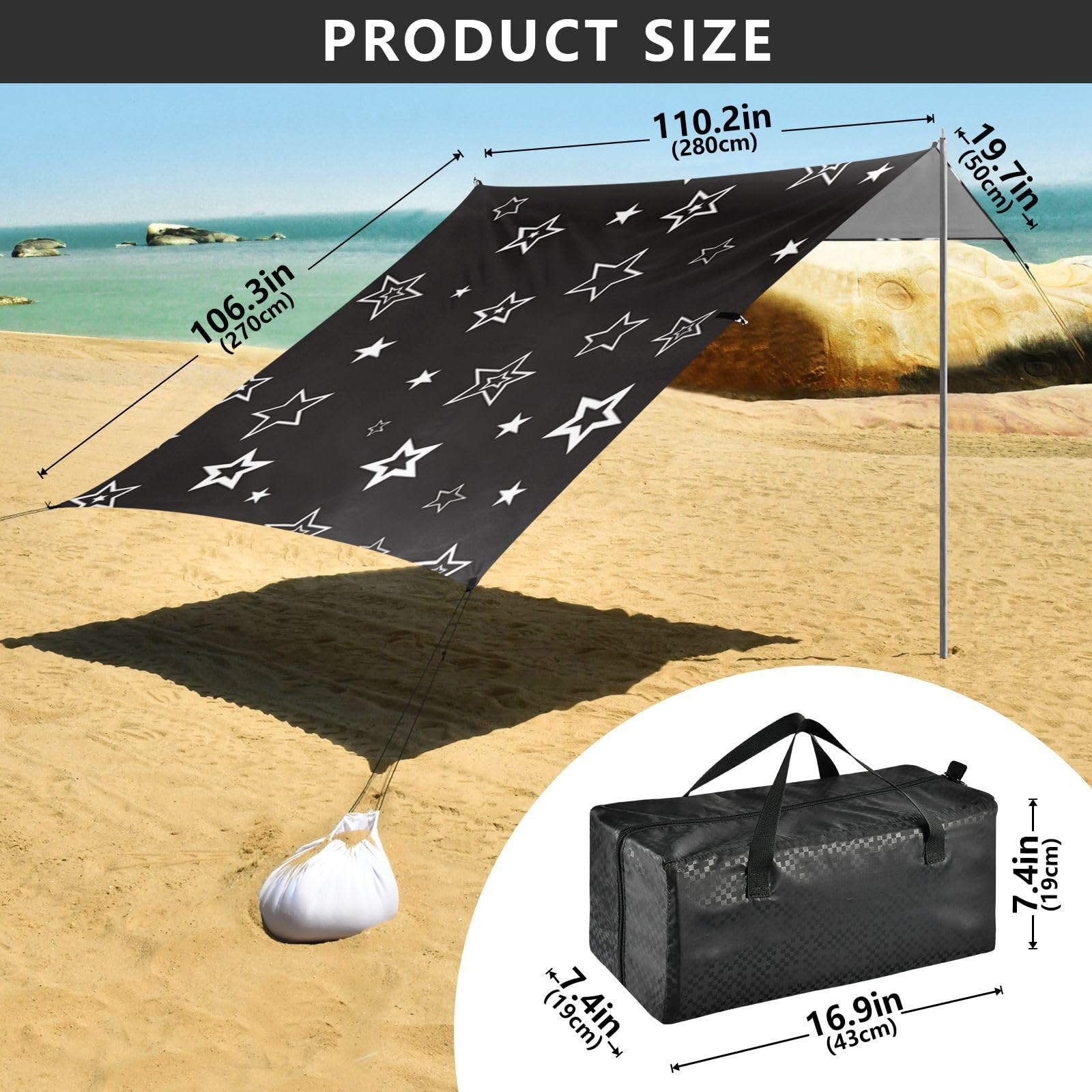 Black Star - Tienda de campaña de playa plateada UPF50 resistente al agua con sacos de arena, pala de arena, postes para camping, pesca, diversión en el patio trasero