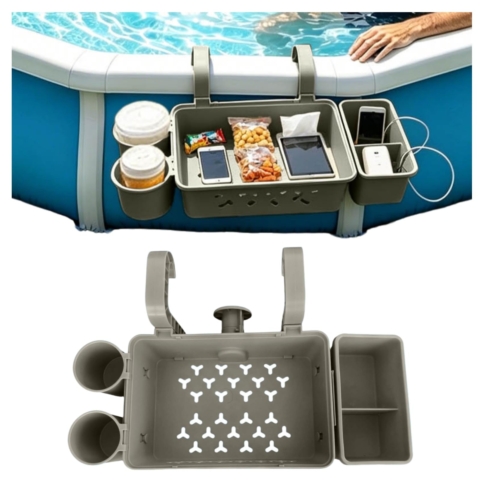 Poolside Storage Basket with Cup Holders & Hanging Hook Large Capacity Swimming Pool Accessories Organiser Hangable Basket Ideal for Deck Storage and Beverage Management (Grey-1)