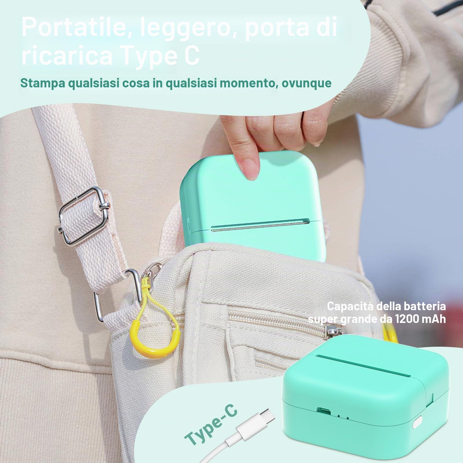 Stampante Fotografica Portatile,Mini Stampante Portatile,stampante Termica M02L,Compatible con iOS & Android.Imprime Foto,Listas de Tareas,Tarjetas de Felicitación o Contenidos Educativos,1 Rollos